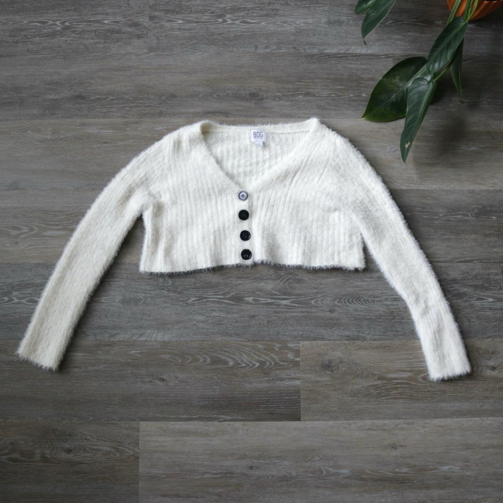 BDG cropped white fuzzy cardigan